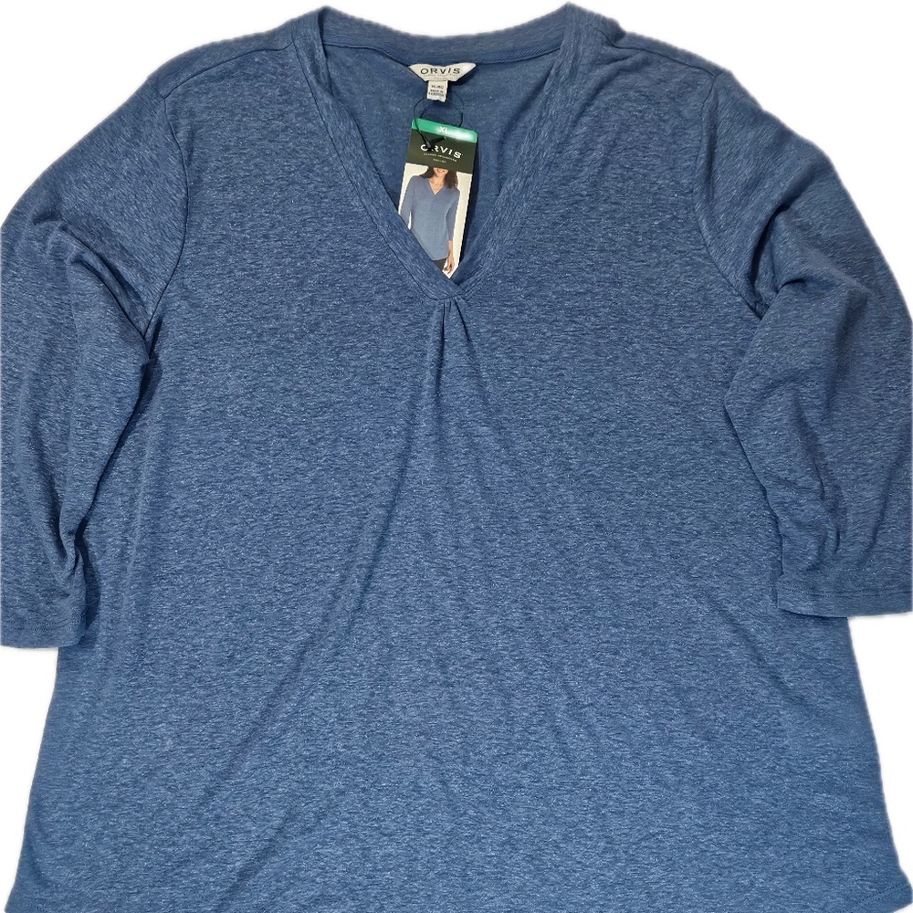 Orvis Linen Blend Shirt Womens XL Blue 3/4 Sleeve Casual‎ Travel Resort Wear NEW